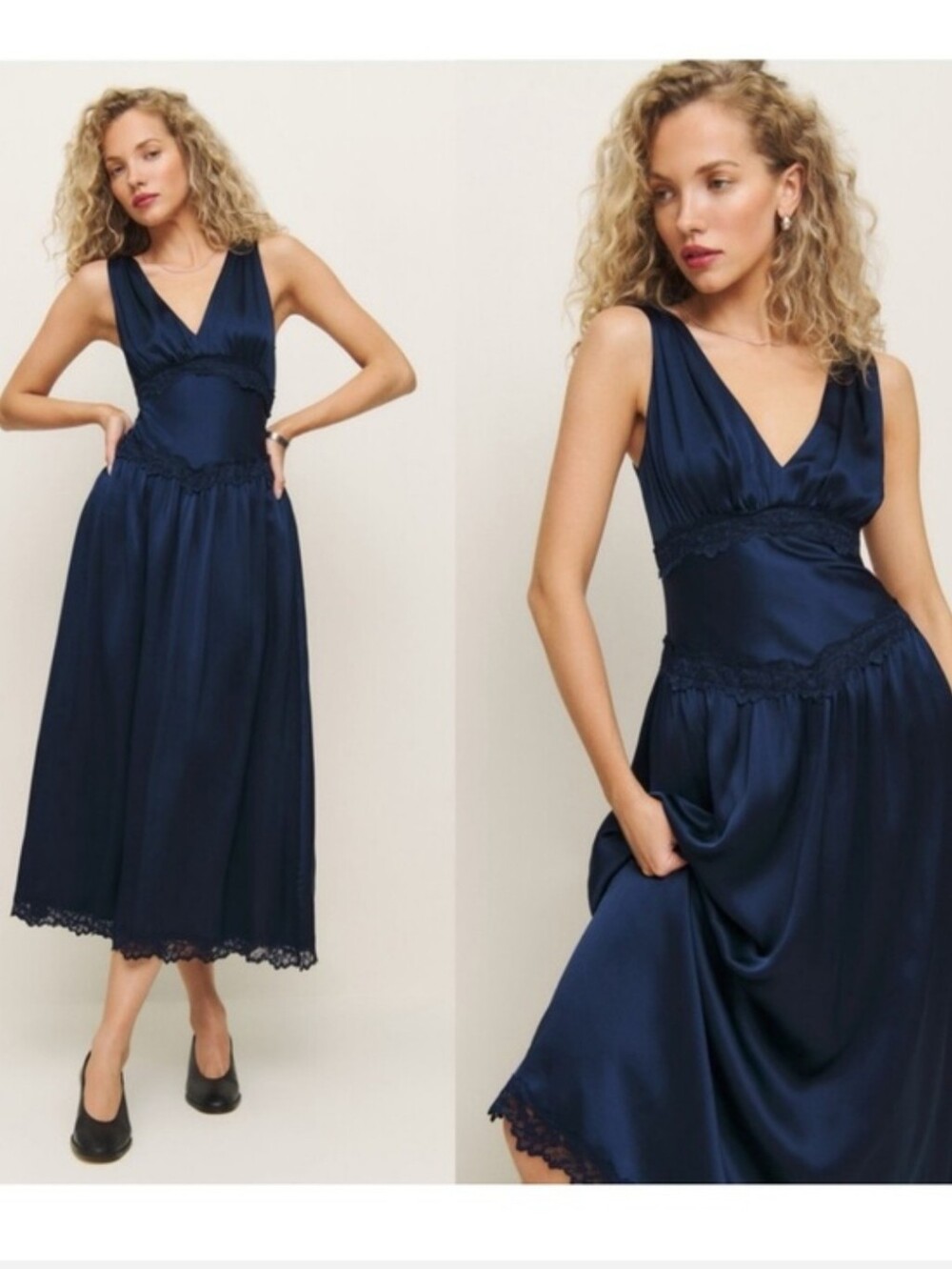 NWT Reformation Stasia Silk Midnight Blue  V-Neck Midi Dress